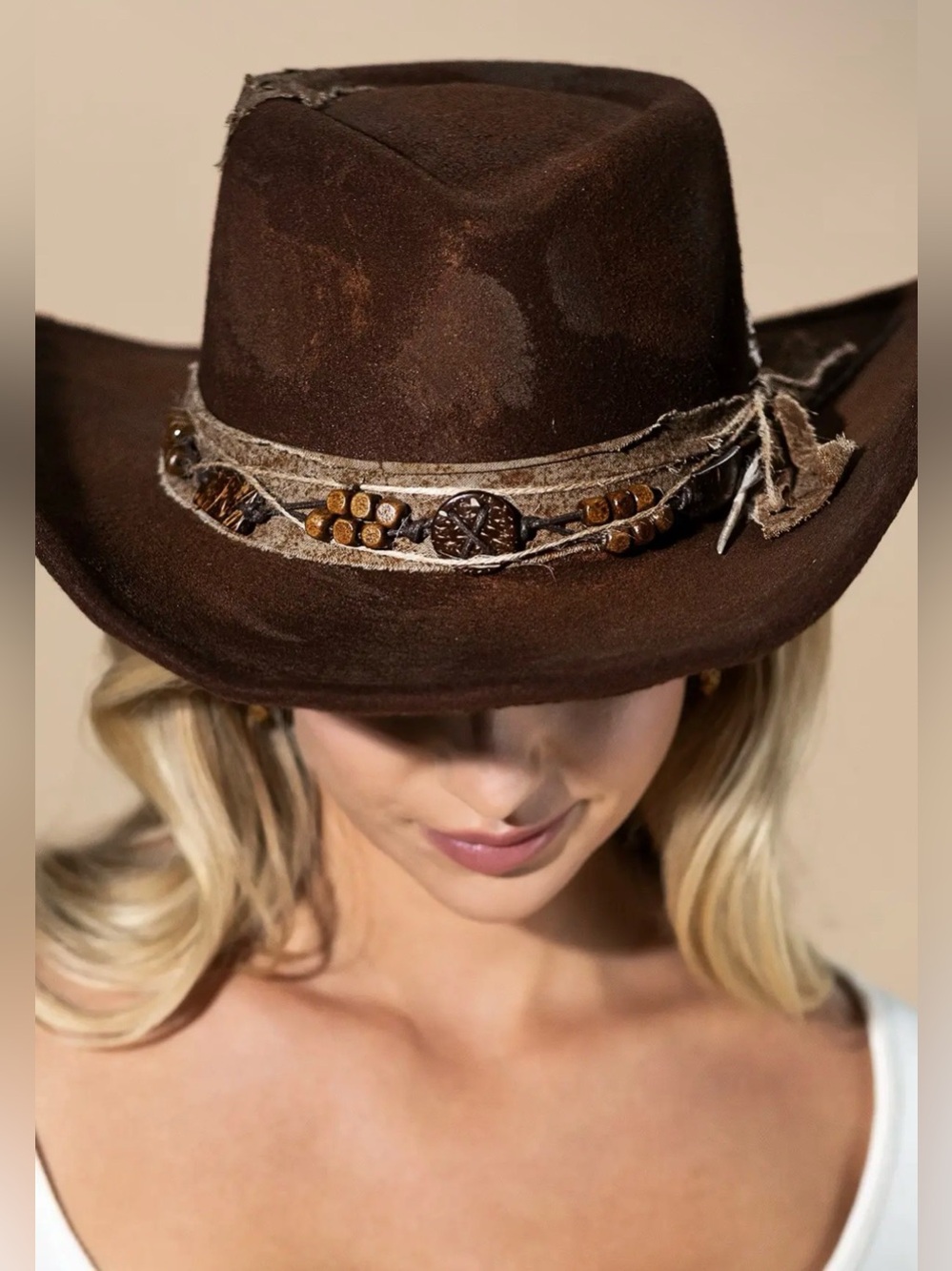 Brown Boho Western Beaded Felt Cowboy Fedora Hat